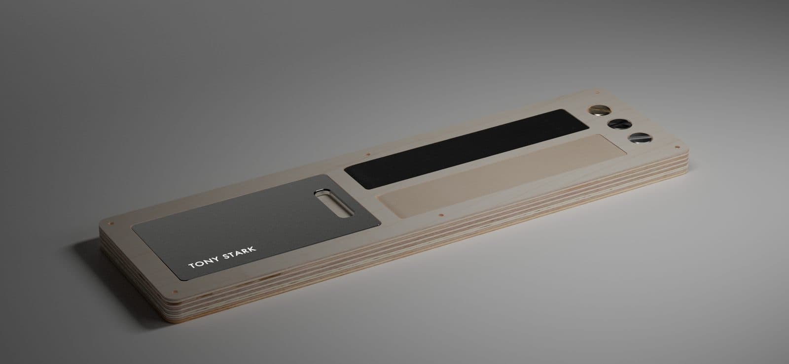 3D rendering of plywood packaging opened — showing tag, leather strap, and Chicago screws