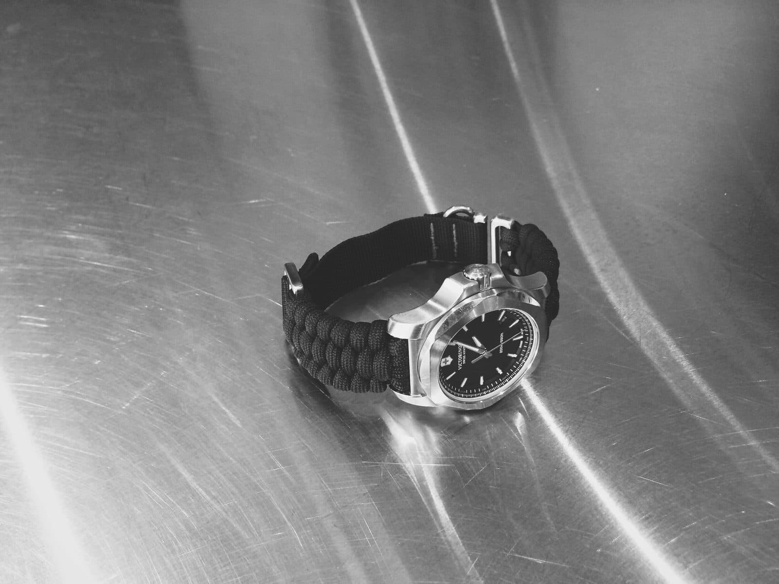 First fully functional paracord strap prototype on brushed steel