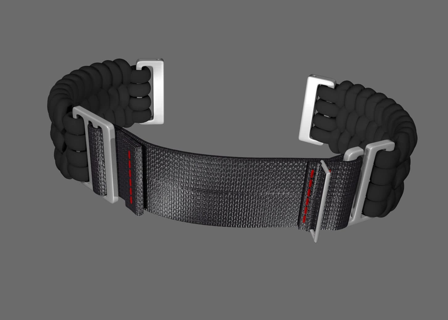 Initial 3D rendering of paracord strap — angle view showing keeper detail