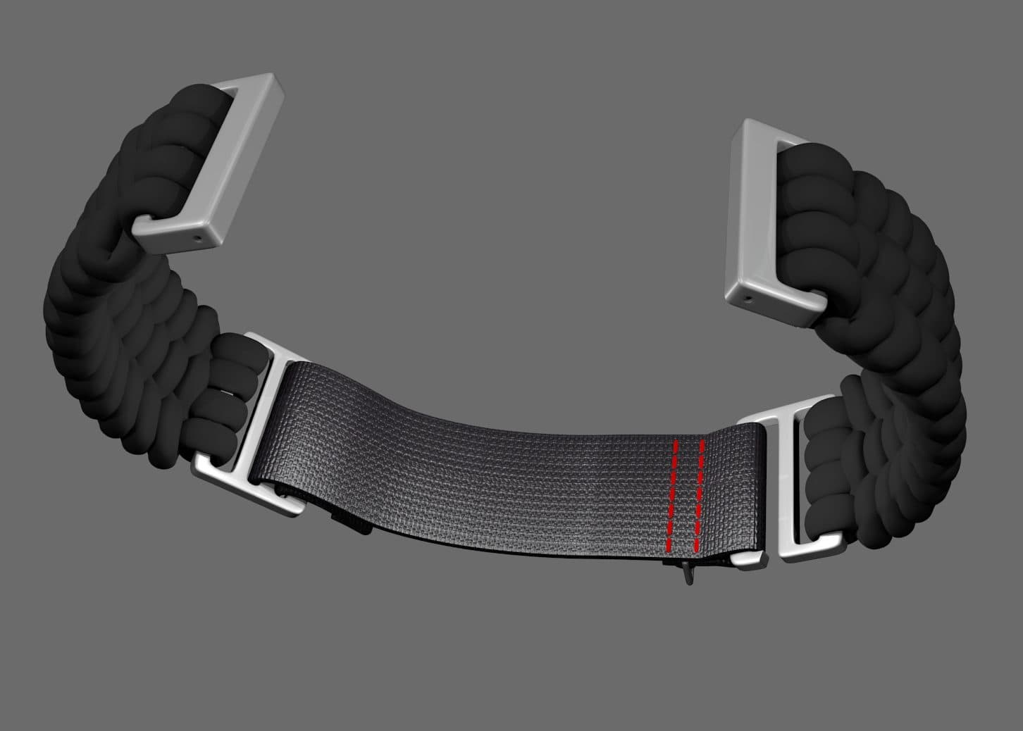 Initial 3D rendering of paracord strap — top view showing buckle mechanism